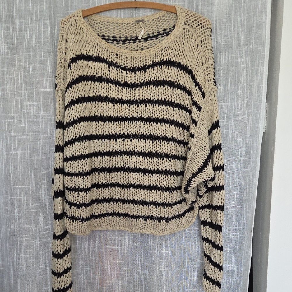 Free People Black and Cream Striped Sweater